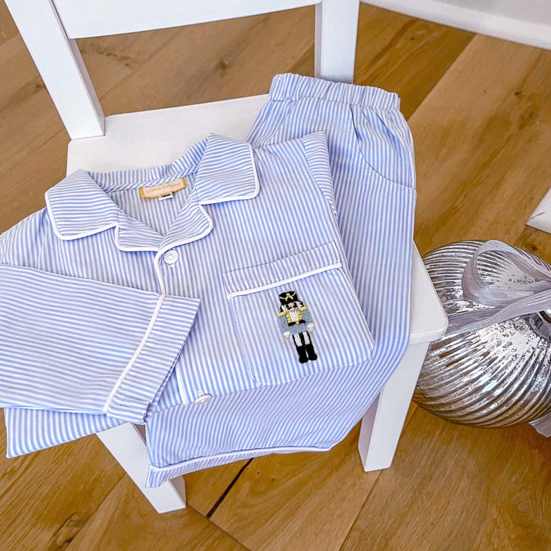Blue and White Stripe Pyjamas with Hand Embroidered Soldier (18M-6Y)
