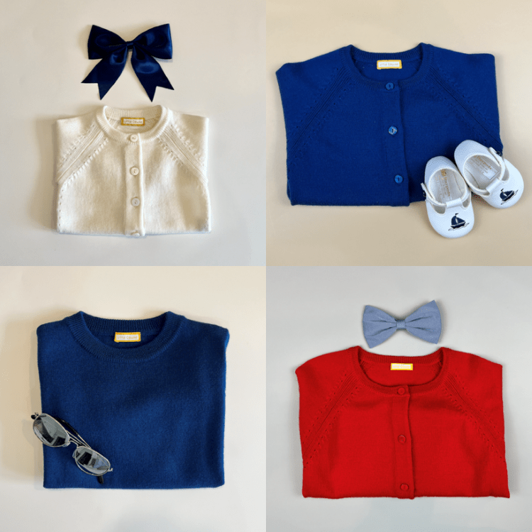 The Little Collins Clothing selection of Australian Merino wool knitwear children's cardigans and jumpers in radiant red, winter white and marine blue.