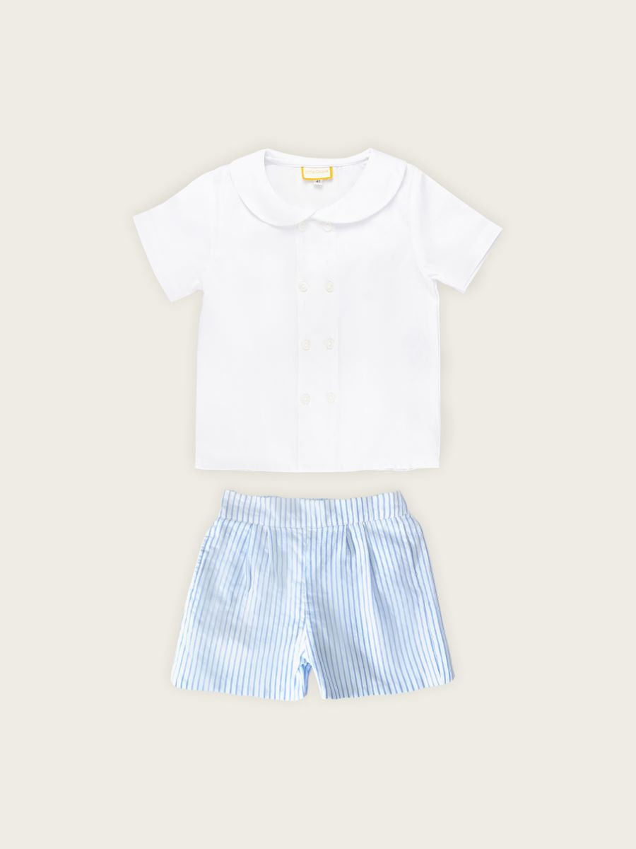 Little Collins Clothing Nautical Boy 2 Piece Set with white double breasted button up shirt and blue and white striped shorts front view