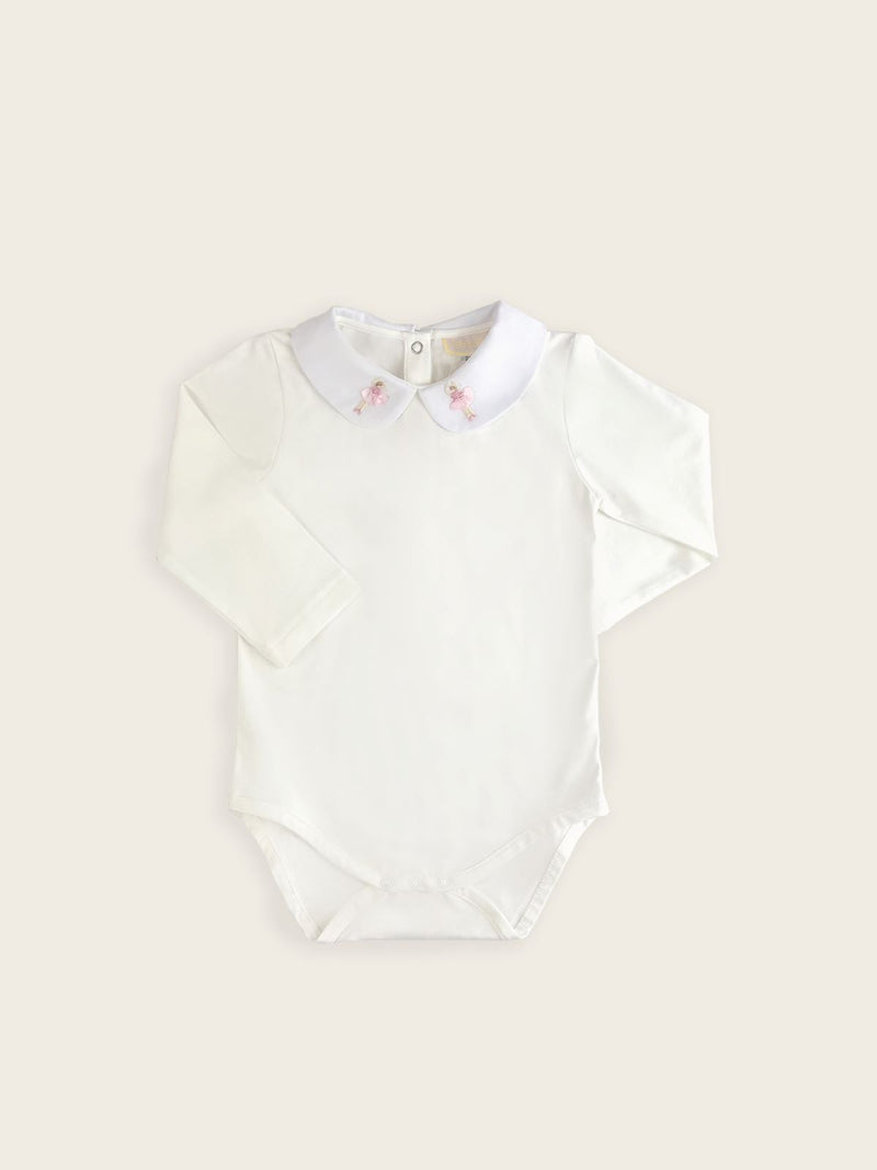 A classic pique bodysuit in white with a ballerinas embroidered onto the collar.