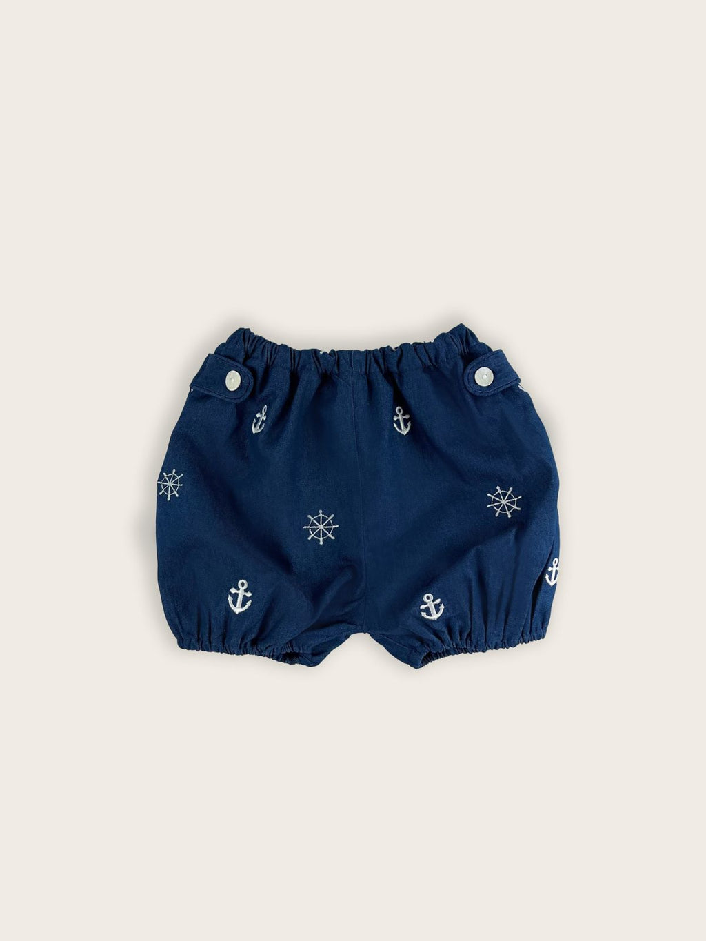 Baby boy bloomer in a blue denim with white nautical anchors and ship's wheels