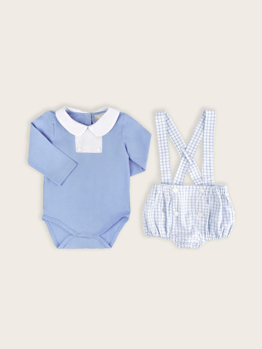 Blue bodysuit for baby boys with check bloomer