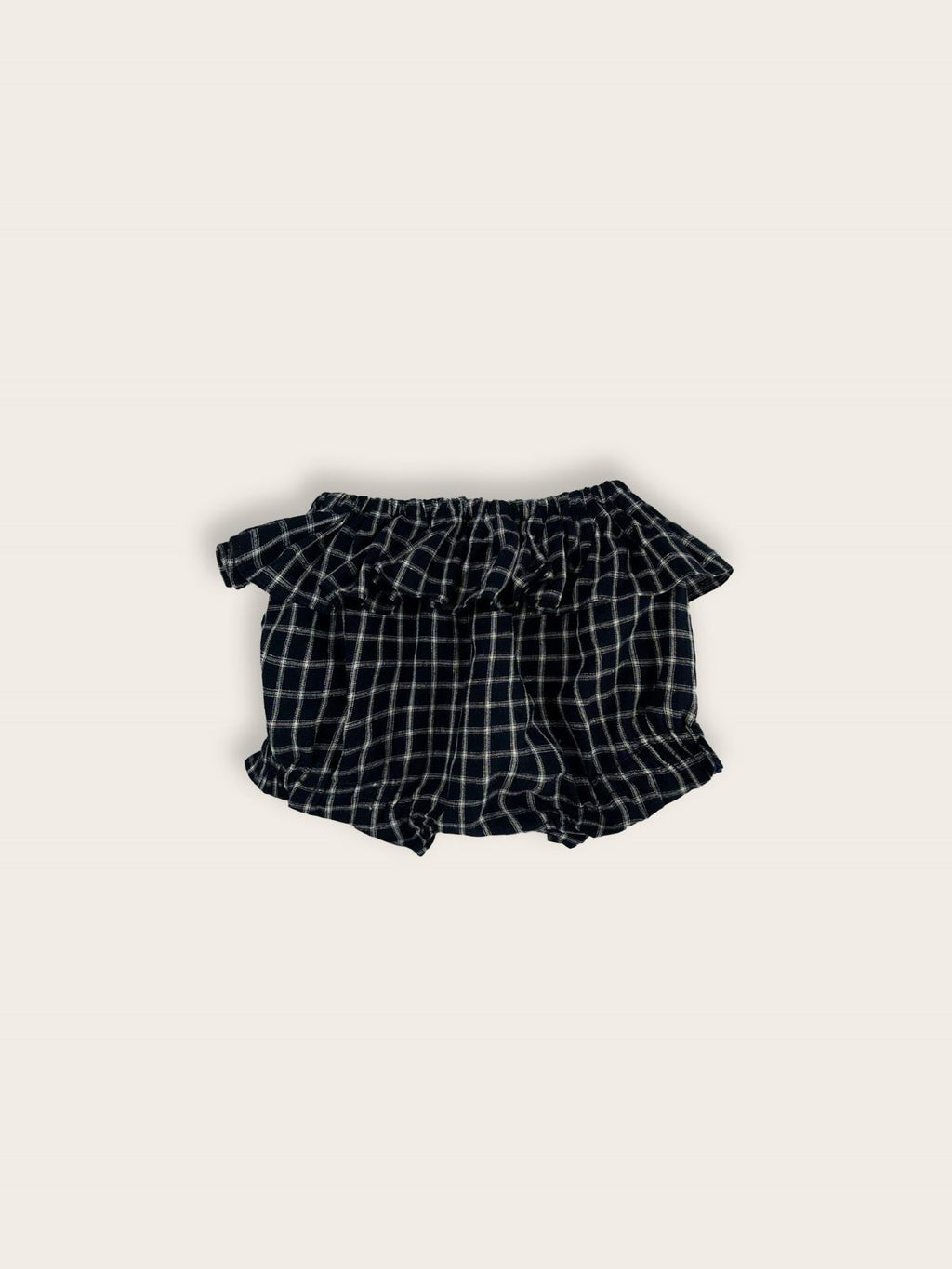 Baby girl french navy check bloomers with a frill on the back front view