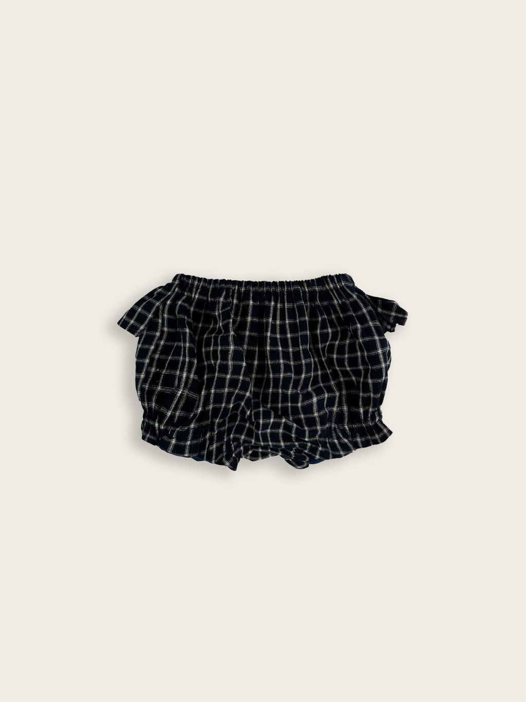 Baby girl french navy check bloomers with a frill on the back front view