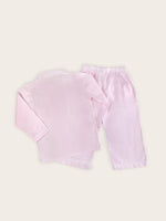 Pink and white striped long sleeve pyjamas with a ballerina embroidered onto the front pocket rear view.