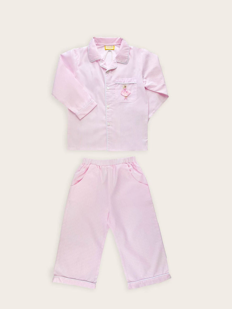 Full view of pink and white striped long sleeve pyjamas with a ballerina embroidered onto the front pocket.