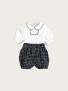 French navy check baby boy bloomers with a peter pan collared shirt featuring check piping 